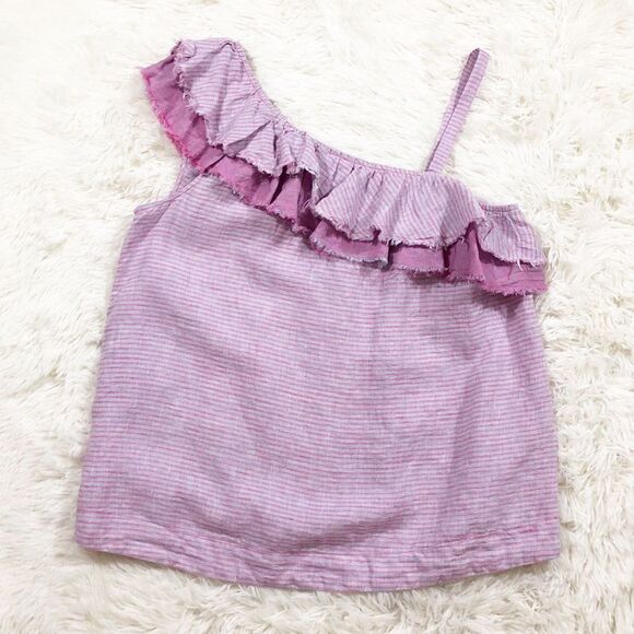 Anthro Holding Horses Linen One Shoulder Pink Gray Stripe Ruffle Tank Top XS - Picture 1 of 7